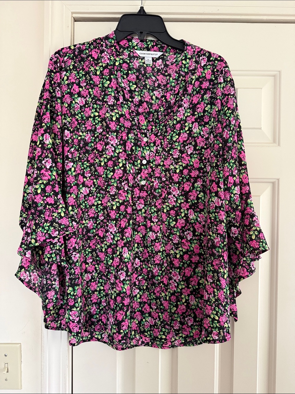 COUNTERPARTS Black Floral V-Neck Blouse - Pink & Green